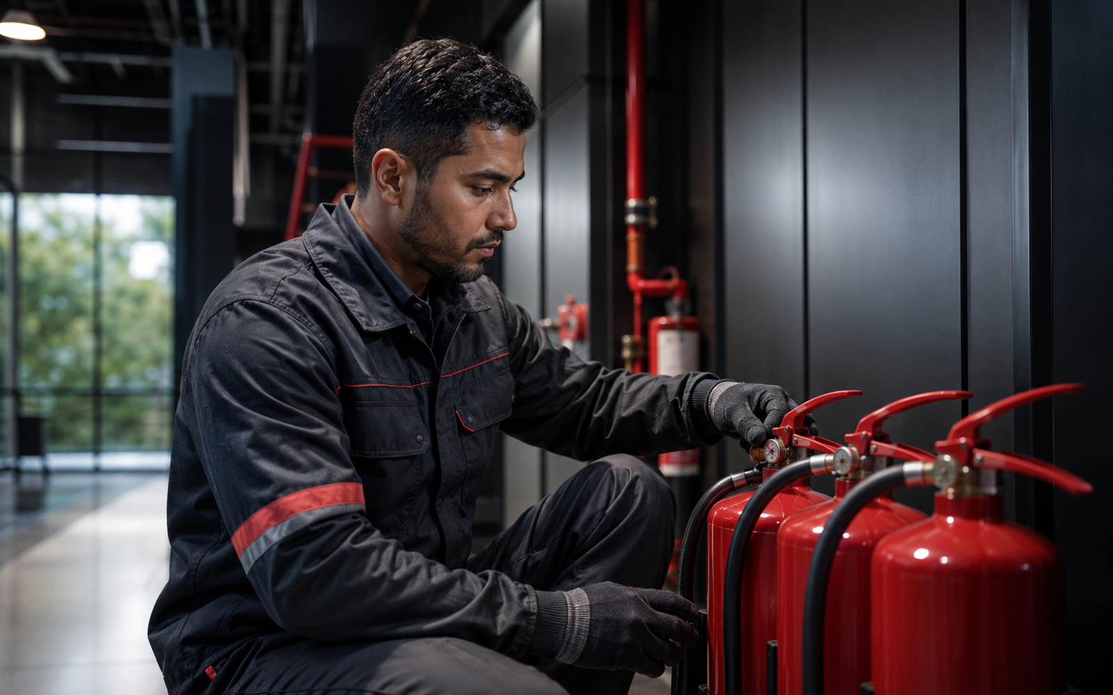 Técnico realizando inspeção em extintores